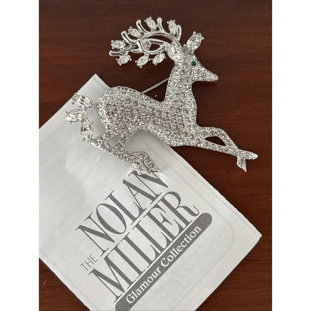 Vintage Nolan Miller Glamour Collection Crystal Pave Reindeer Pin Brooch Silver